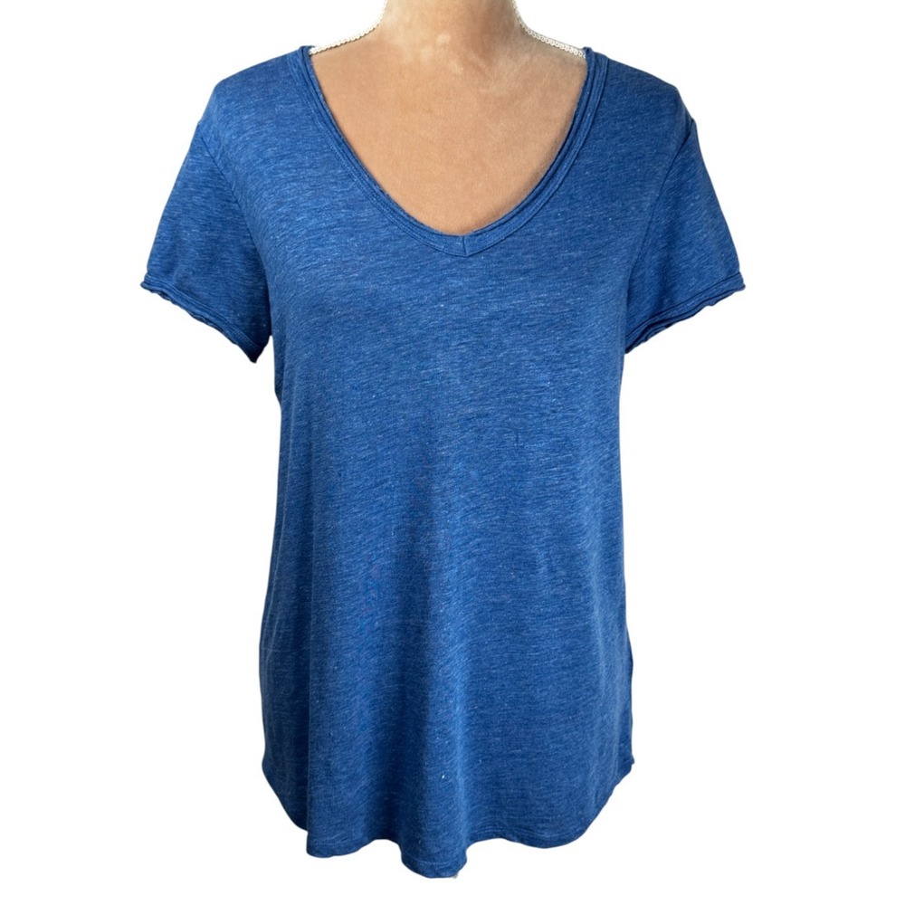 J. McLaughlin Womens Small T Shirt Linen Blend‎ Blue V Neck Stretch Summer